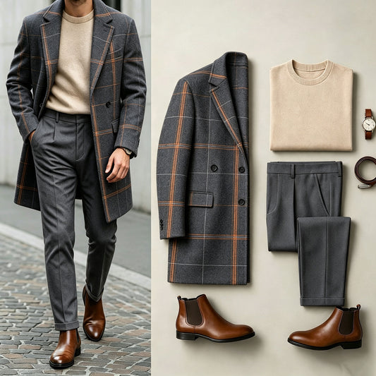 Men's Three-Piece Set: Mid-Length Wool Coat, Crew-Neck Sweater, and Flowy Dress Pants