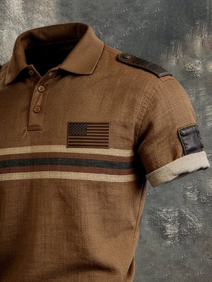 Men'S Retro Color-Block "Patriot" Polo-Collar Casual Cotton-Linen T-Shirt