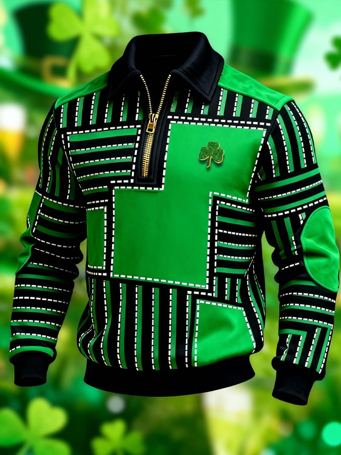 (Detachable Shamrock Brooch Included) Men's St. Patrick's Day Printed Color-Block Zip-Up Hoodie