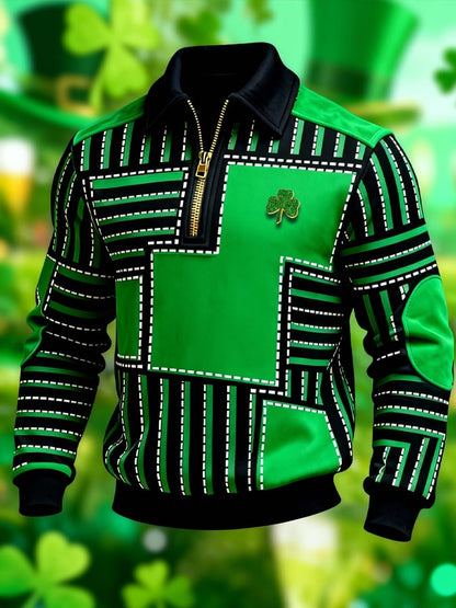 (Detachable Shamrock Brooch Included) Men's St. Patrick's Day Printed Color-Block Zip-Up Hoodie