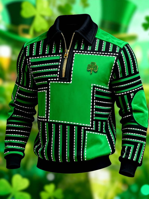 (Detachable Shamrock Brooch Included) Men's St. Patrick's Day Printed Color-Block Zip-Up Hoodie