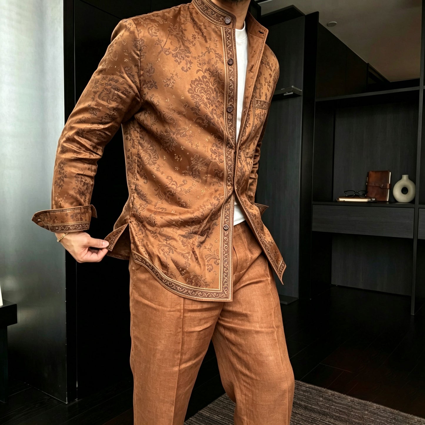 Men's Casual Paisley-Print Stand-Collar Long-Sleeve Shirt and Pants Two-Piece Set