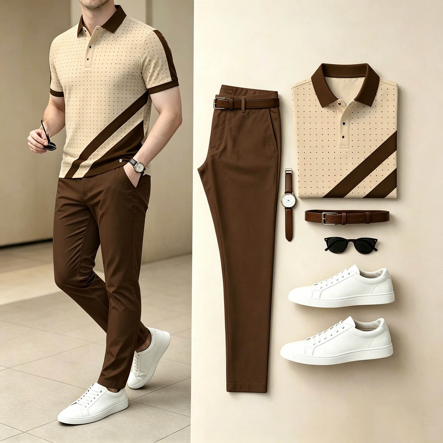 Men's Casual Beige Dot Diagonal Stripe Polo Shirt & Long Pants Two-Piece Set