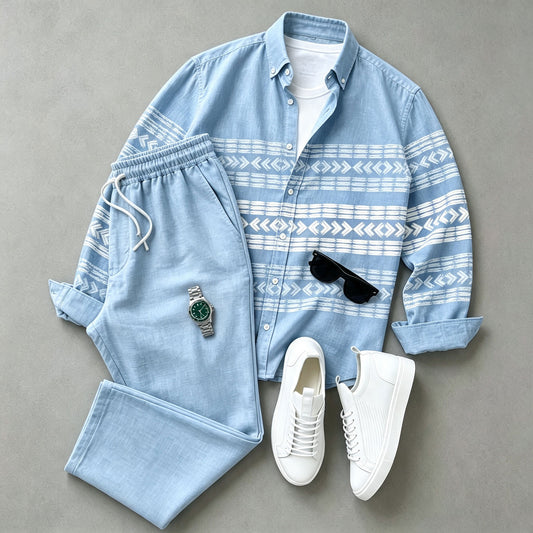 Men's Blue Printed Long-Sleeve Shirt and Pants Set