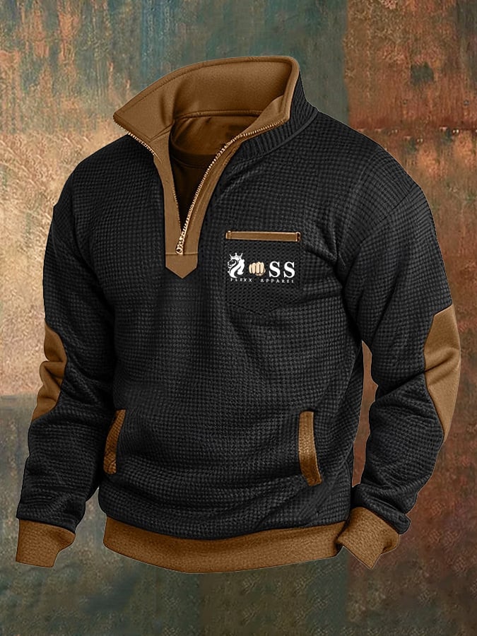 Men's Retro Letter Design Jacquard Plaid Fabric Stand Collar Sweatshirt