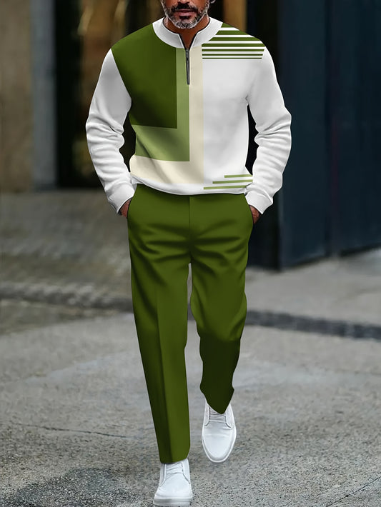 Men's Casual Color Matching Printed Round-Neck Zipper Long Sleeved Trousers Two-Piece Set