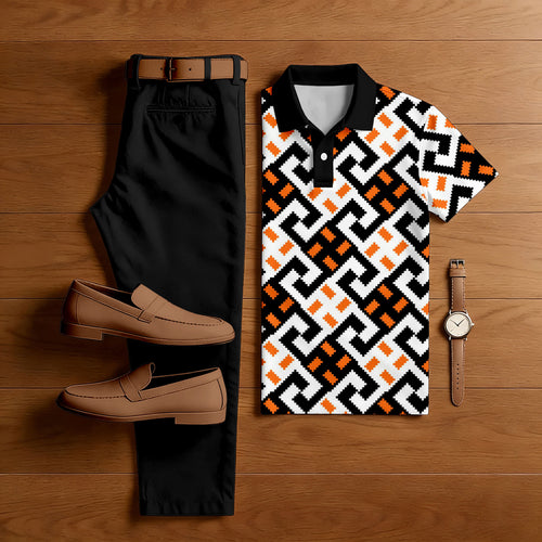 Men's Casual Black & White Color Matching Retro Style Printed Short Sleeved Polo Shirt & Trousers Two-Piece Set