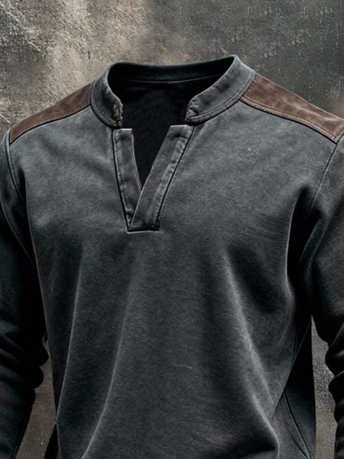Men'S Vintage Pure Cotton Washed And Distressed Patchwork Color-Block Long-Sleeved Sweatshirt