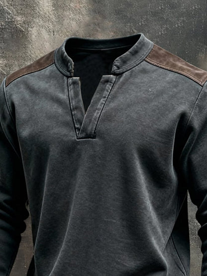 Men'S Vintage Pure Cotton Washed And Distressed Patchwork Color-Block Long-Sleeved Sweatshirt