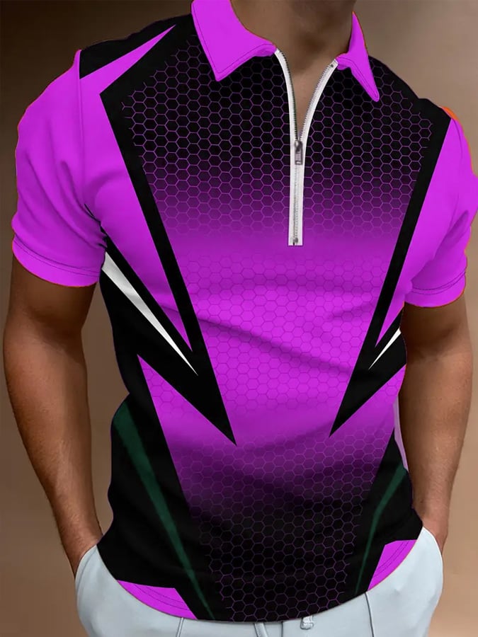Men's Casual Color Block Zip-Up Polo Shirt