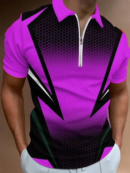Men's Casual Color Block Zip-Up Polo Shirt