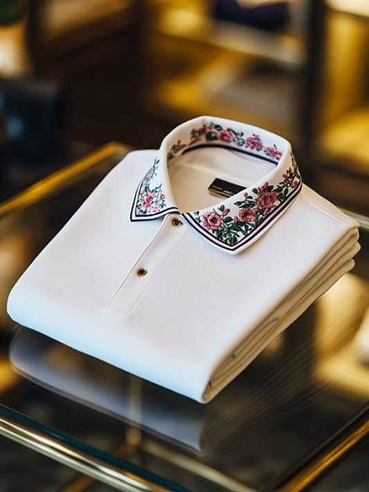 Men's Business Casual Collar Floral Button Polo Shirt