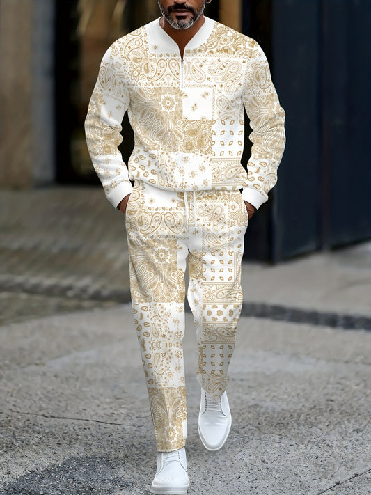 Men's Casual Flower Printed Round-Neck Zipper Long Sleeved Trousers White Two-Piece Set 1218