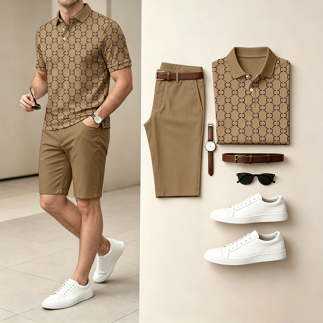 Men's Casual Brown Color Polo Shirt & Shorts Two-Piece Set
