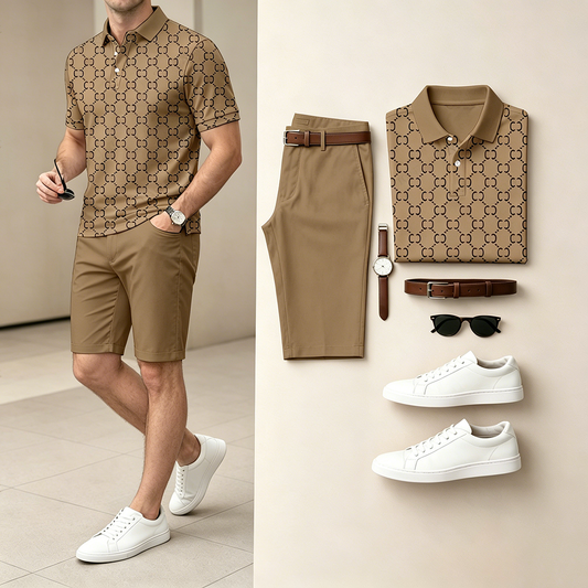 Men's Casual Brown Color Polo Shirt & Shorts Two-Piece Set