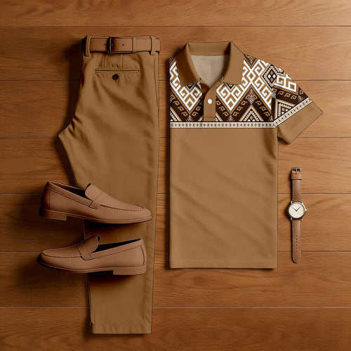 Men's Casual Brown Color Matching Ethnic Styled Printed Short Sleeved Polo Shirt & Trousers Two-Piece Set