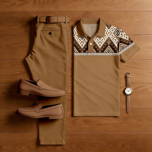 Men's Casual Brown Color Matching Ethnic Styled Printed Short Sleeved Polo Shirt & Trousers Two-Piece Set