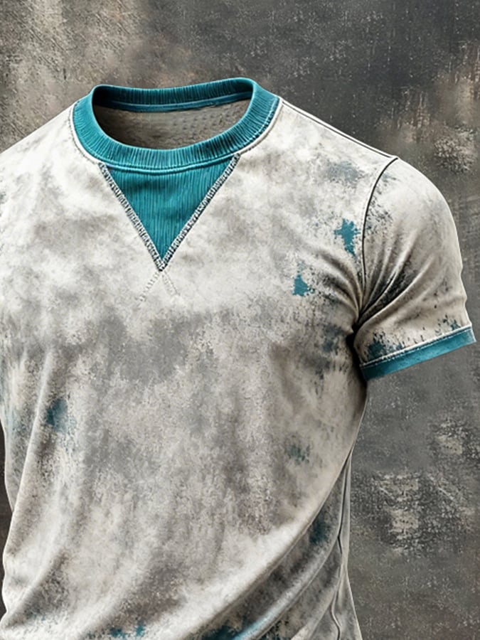 Men's Retro Color Block Crew Neck Short-Sleeve Top