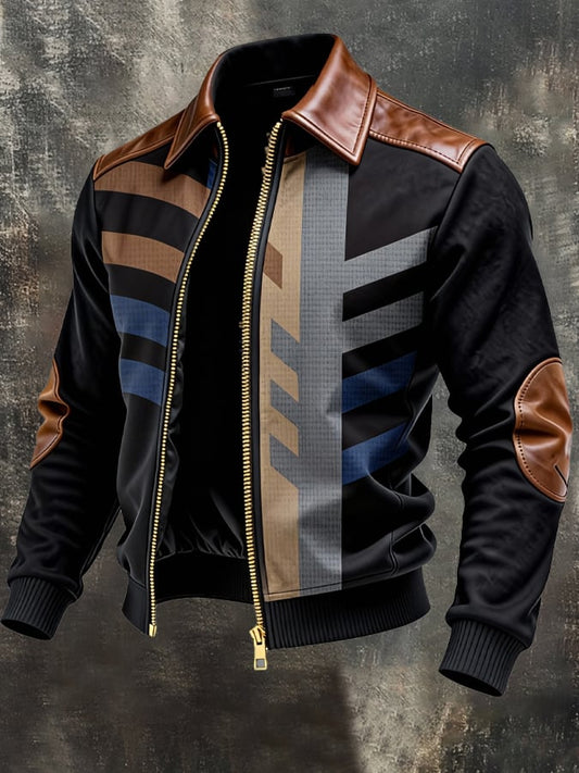 Men's Retro Color Block Print Patchwork Leather Warm Multi-Pocket Outdoor Jacket