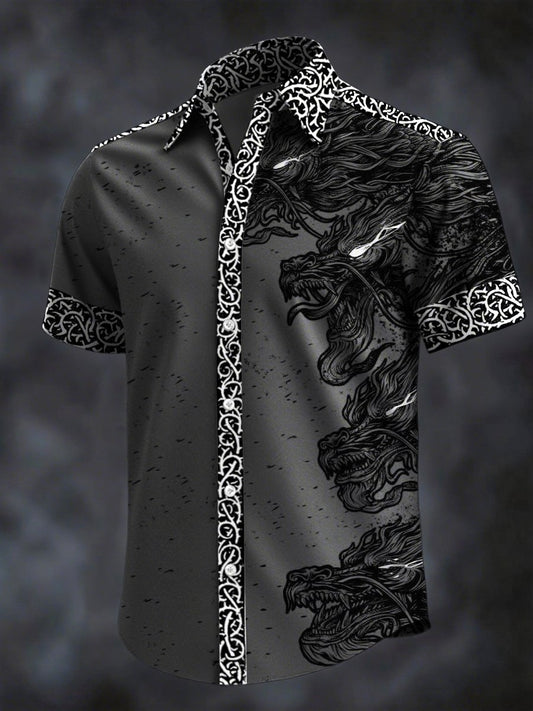 Men's Retro Horror Skull Print Lapel Short Sleeve Shirt