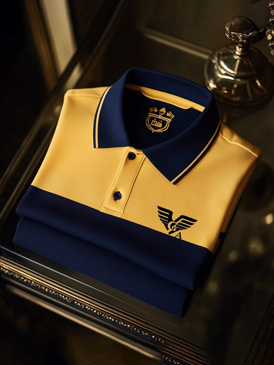 Men's Classic Business Check Logo Button Short Sleeve Polo Shirt