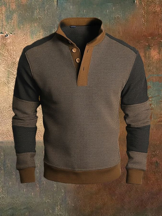Men'S Casual Retro Contrast Color Stand Collar Long Sleeve Sweatshirt