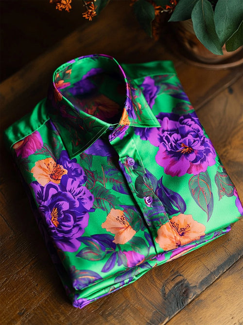 Men's Satin Luxe Hawaiian Print Short Sleeve Button Shirt