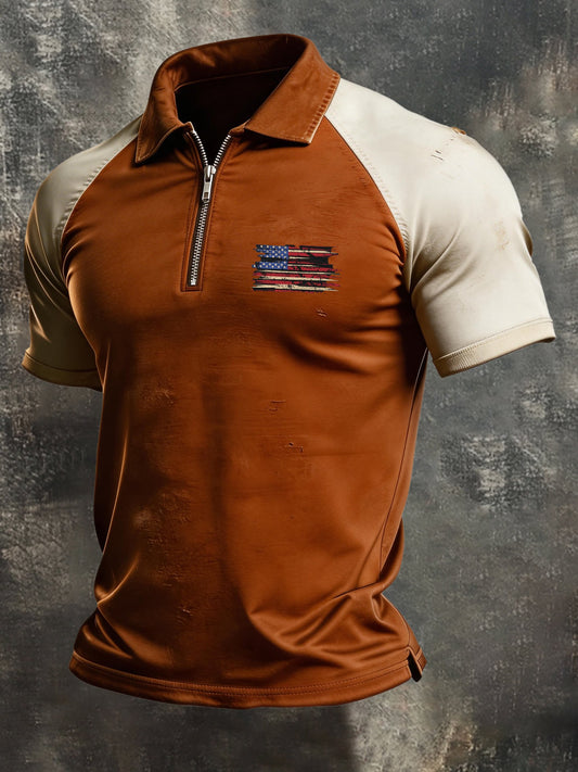 Men's Retro "Patriot" Color-Block Short-Sleeve Half-Zip Polo Shirt