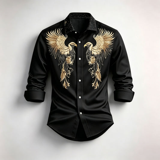 Men's Long-Sleeve Shirt with Gold Bird Print