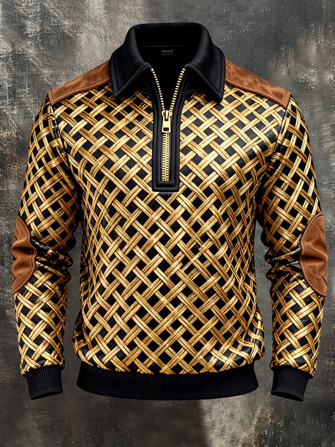 Men's Retro Color Block Print Zipper Sweatshirt