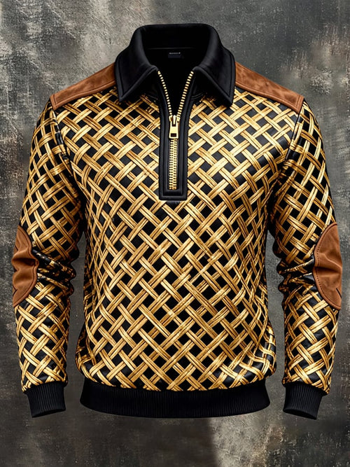 Men's Retro Color Block Print Zipper Sweatshirt