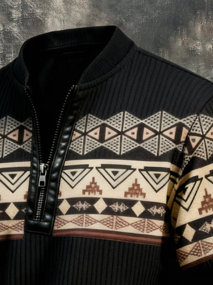 Men'S Casual Retro Contrast Color Half Zip Stand Collar Long Sleeve Sweatshirt