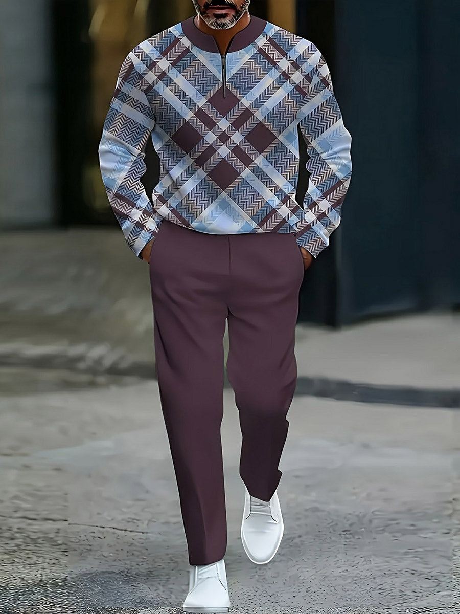 Men's Casual Blue & Purple Color Matching Checkered Printed Round-Neck Zipper Long Sleeved Sweatshirt & Trousers Two-Piece Set