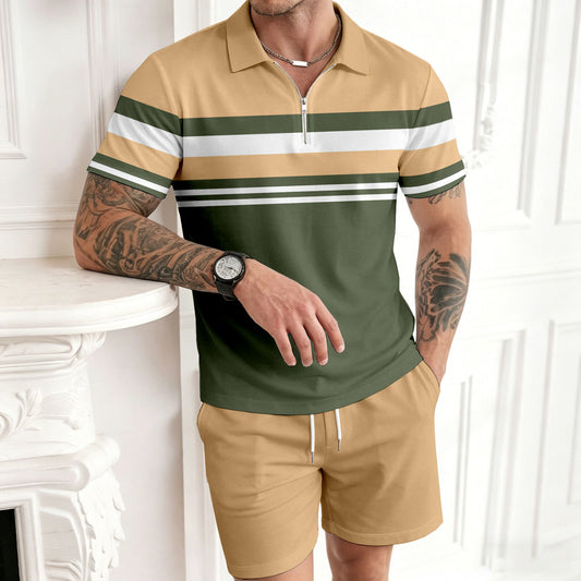 Men's Casual Brown & Green Geometric Color Matching Printed Short Sleeved Zipper Polo Shirt & Shorts Two-Piece Set