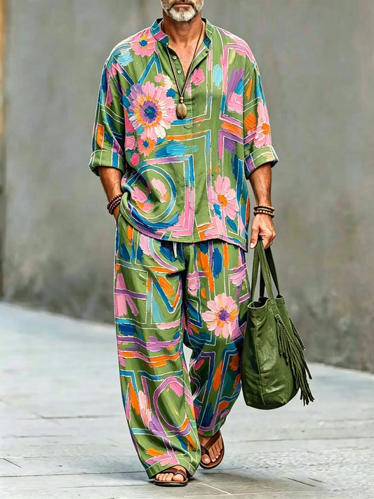 Men's Vintage Abstract Art Printed Cotton Shirt Set (Top & Pants)
