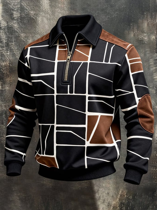 Men's Retro Color Block Print Color-Blocked Zip-Up Sweatshirt