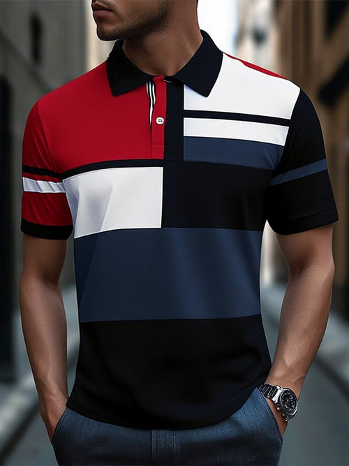 Men's Business Stripe Logo Button-Down Short Sleeve Polo Shirt
