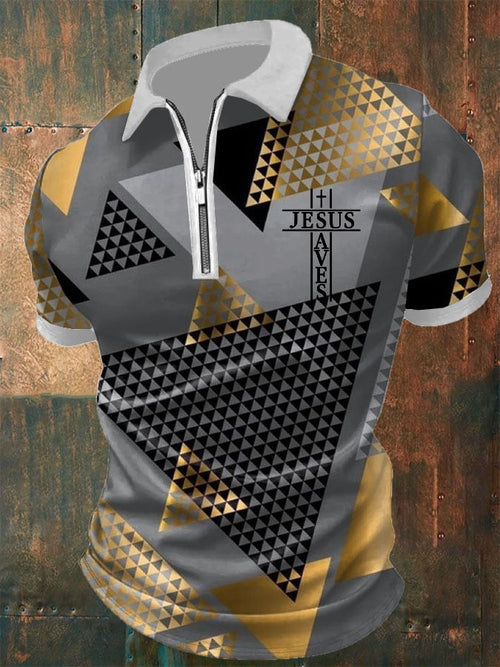 Men's Retro Jesus Saves Cross Print Short Sleeve POLO Shirt