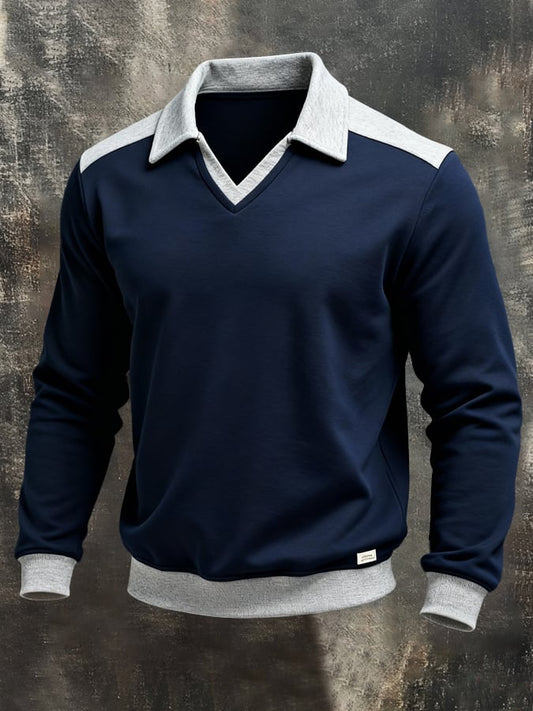 Men'S Vintage Color-Block Long-Sleeved Sweatshirt With Seagull Collar