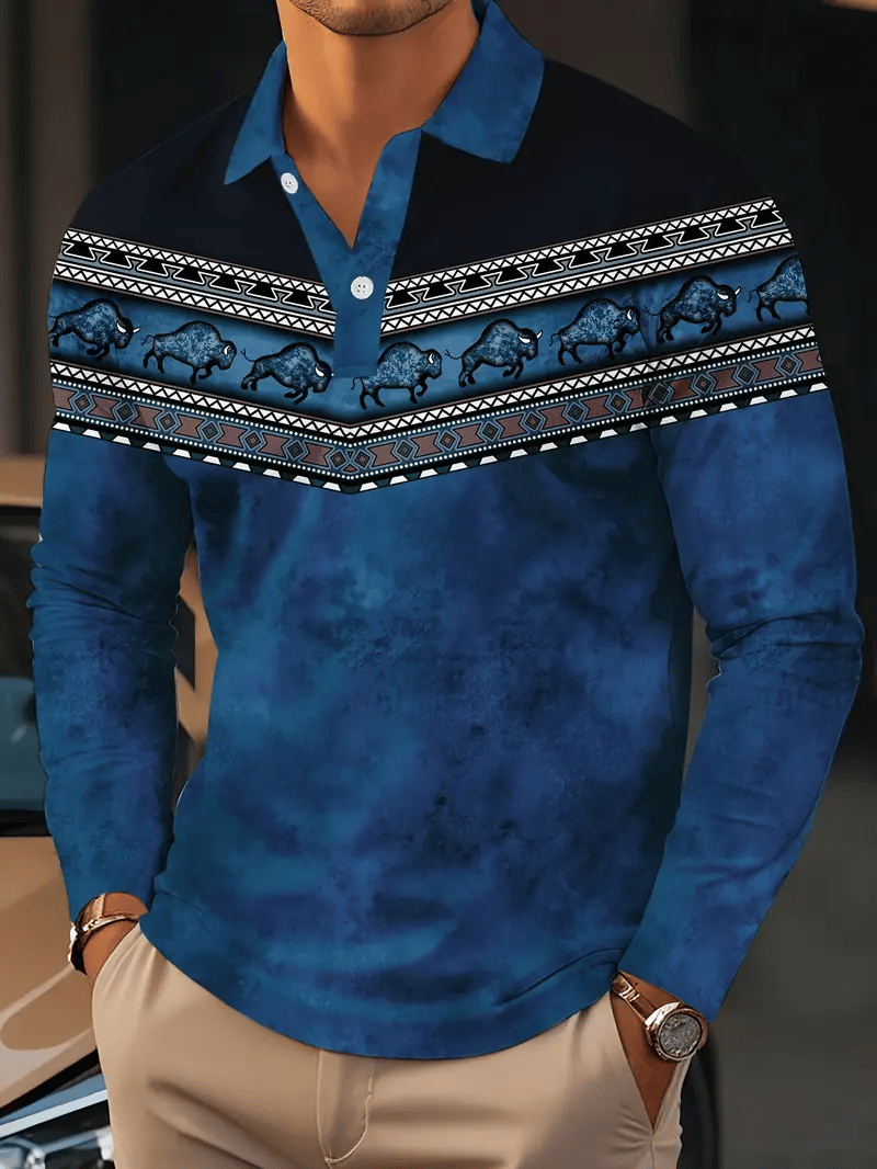 Men's Retro Business Stripe Print Long Sleeve POLO Shirt