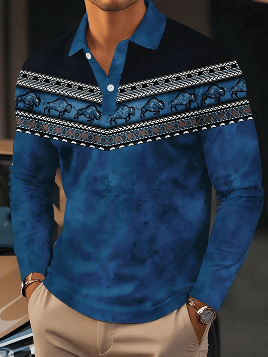 Men's Retro Business Stripe Print Long Sleeve POLO Shirt