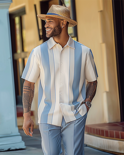 Men's Textured Short Sleeve Printed Two-Piece Walking Pants Set 063
