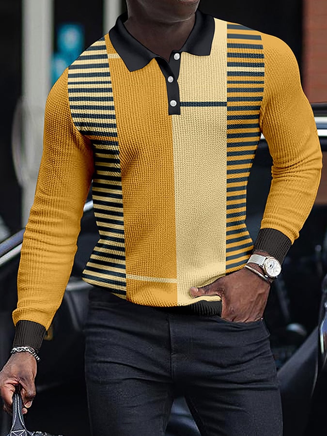 Colorblocked Stripe Casual Waffle Long Sleeved Men'S Polo Shirt