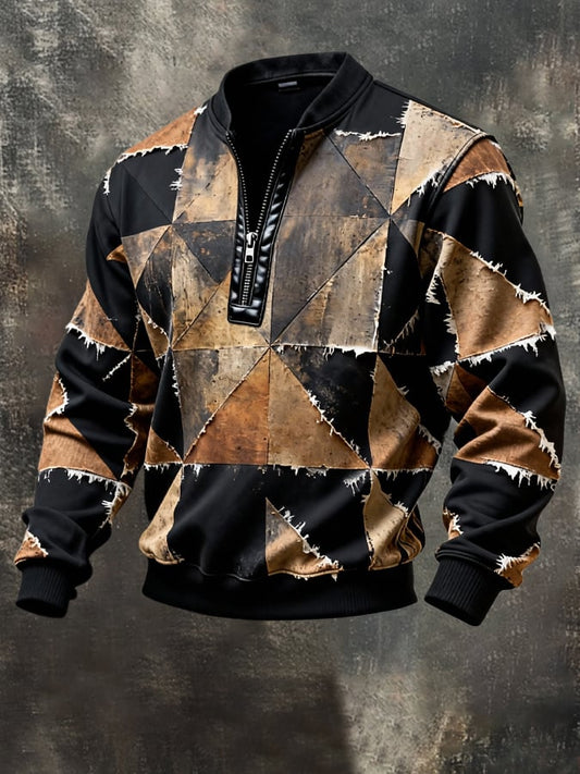 Men's Vintage Color-Block Printed Zip-Up Hoodie