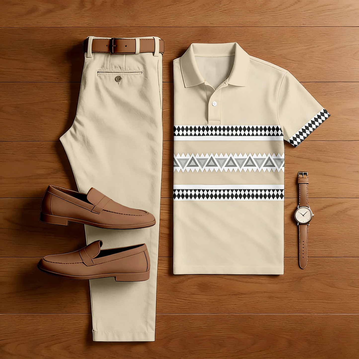 Men's Casual Apricot & Black Color Matching Geometric Printed Short Sleeved Polo Shirt & Trousers Two-Piece Set