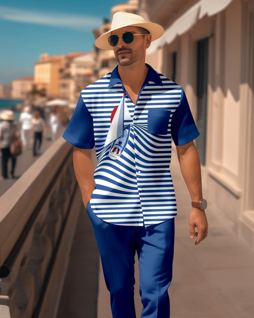 Men's Retro Plaid Colorblock Short Sleeve Shirt Walking Suit 1652