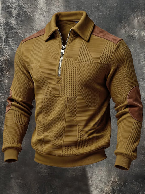 Men's Retro Jacquard Textured Patchwork Comfortable Color-Blocked Zip-Up Sweatshirt