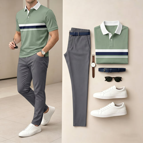 Men's Green & White Color Matching Short Sleeved Polo Shirt & Pants Two-Piece Set