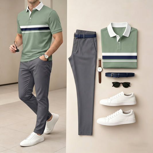 Men's Green & White Color Matching Short Sleeved Polo Shirt & Pants Two-Piece Set