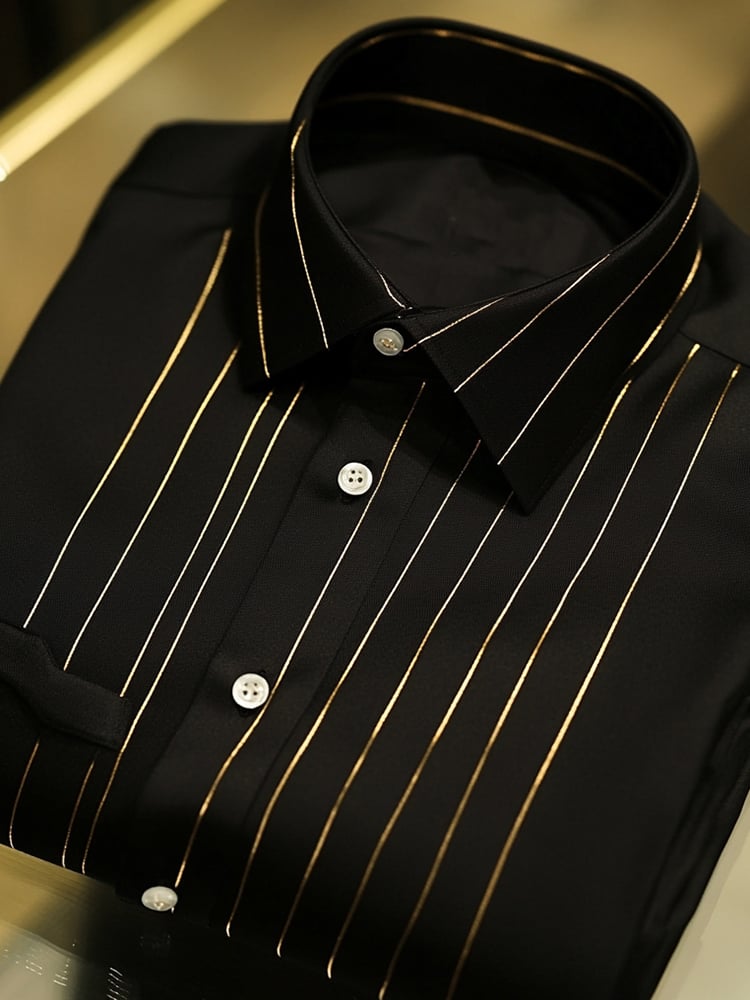 Men's Business Casual Gold Striped Lapel Short Sleeve Shirt